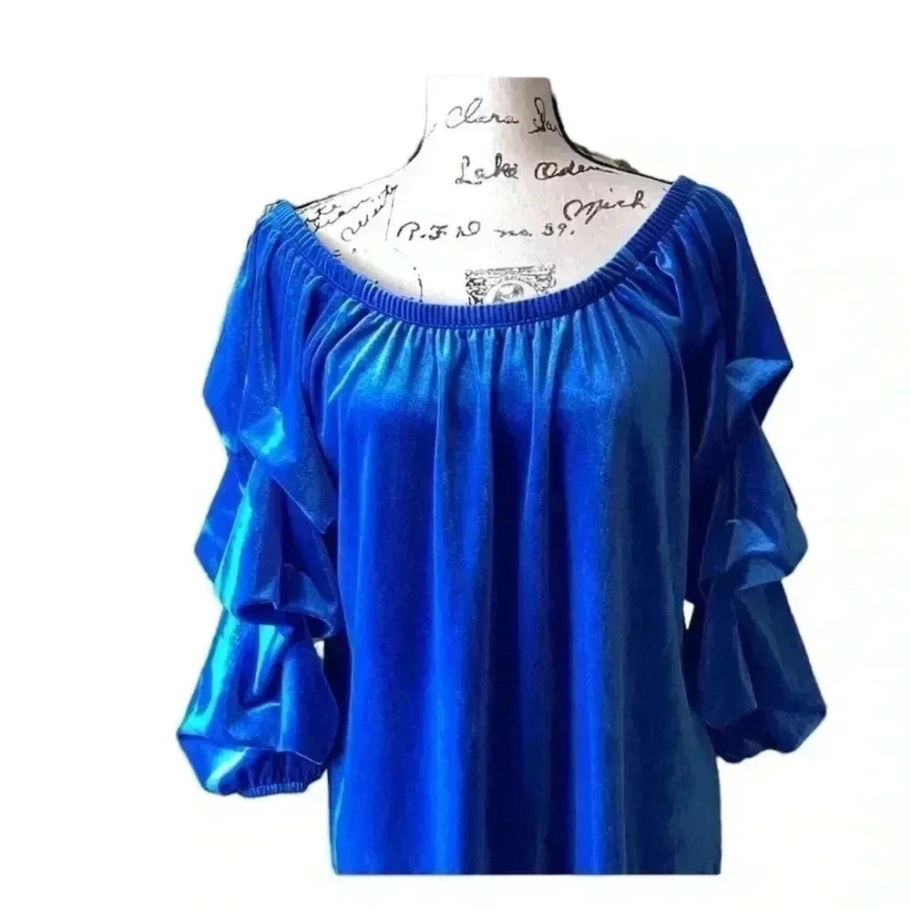 Antthony Stretch Velvet Top with Puff Sleeve Elastic On and Off Shoulder Large